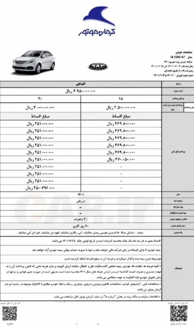جدول فروش جک جی 4 شهریور 1401.webp